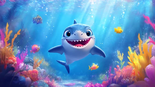 Cartoon shark in luminous reef environment with volumetric caustics