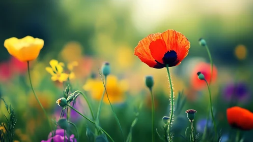 Vibrant red poppy blooms luminously in wildflower meadow garden.