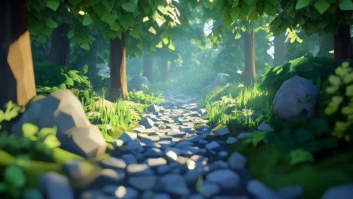 Forest Path Through Dappled Sunlight and Stone.