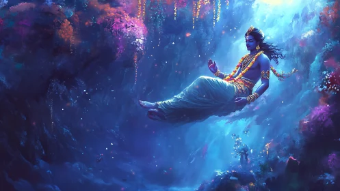 Blue-skinned robed figure levitates in luminous cosmic ocean