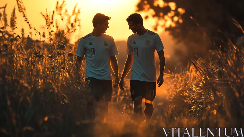Two soccer players walk through tall grass at sunset light