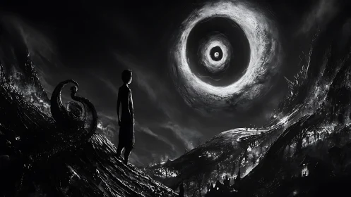 Lone figure observes swirling cosmic void in darkness.