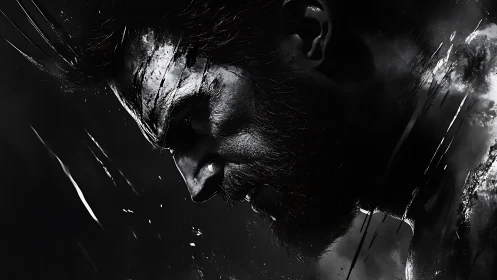 Storm-carved warrior profile in shattered monochrome fury.