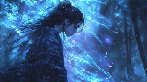 Moonlit kimono wanderer adrift in glowing blue spirits.