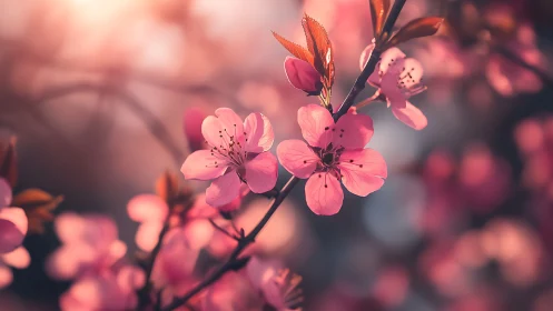 Pink blossoms with selective focus render shallow depth of field through bokeh diffusion