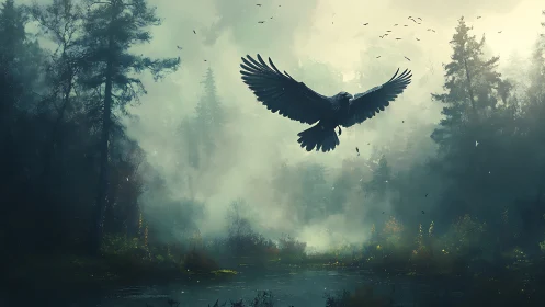 Midnight raven ascends above mist-drowned forest pond.