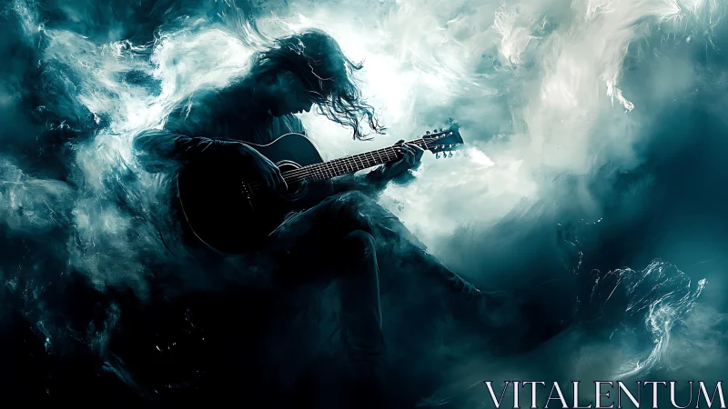 Silhouetted guitarist emerges from swirling teal smoke