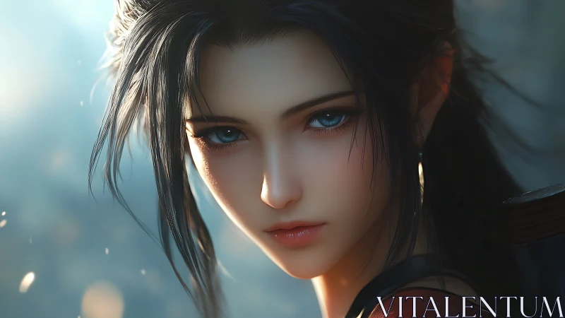 Gentle warrior girl with soulful eyes in soft light.