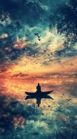 Solitary boat drifts beneath mirrored cosmic sunset sky.