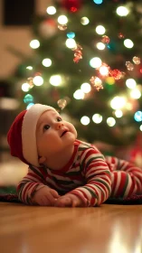 Portrait of infant in Christmas bokeh scene, shallow depth of field.
