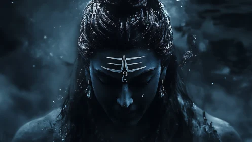 Divine blue figure bows in meditative cosmic silence.