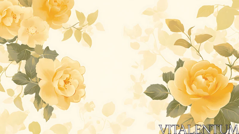 Botanical floral illustration with yellow roses and foliage against neutral background.