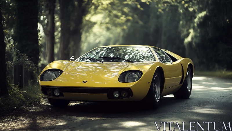 Yellow classic sports car is parked on a shaded forest road