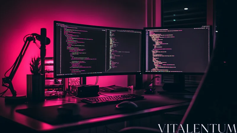 Dual-monitor coding workstation glows in neon magenta light