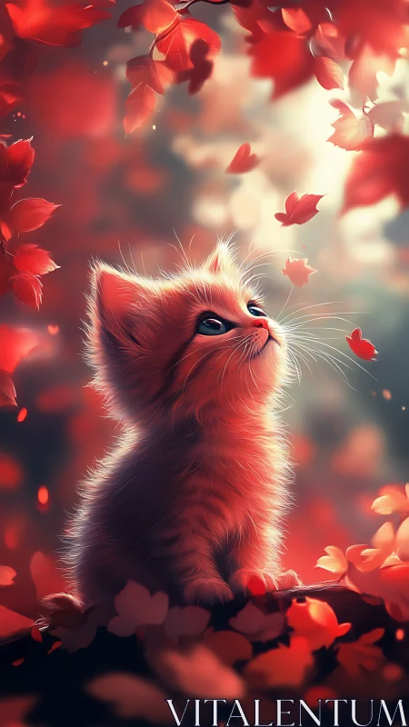 Red Kitten Gazes Upward Through Cascading Autumn Petals