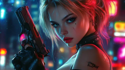 Neon lit gunwoman with intense stare in cyberpunk city