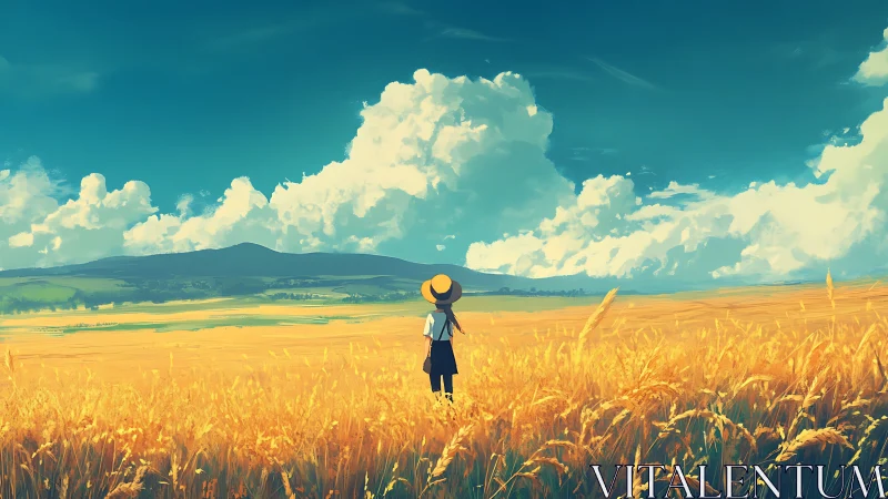 Solitary figure surveys wheat field under expansive cumulus sky