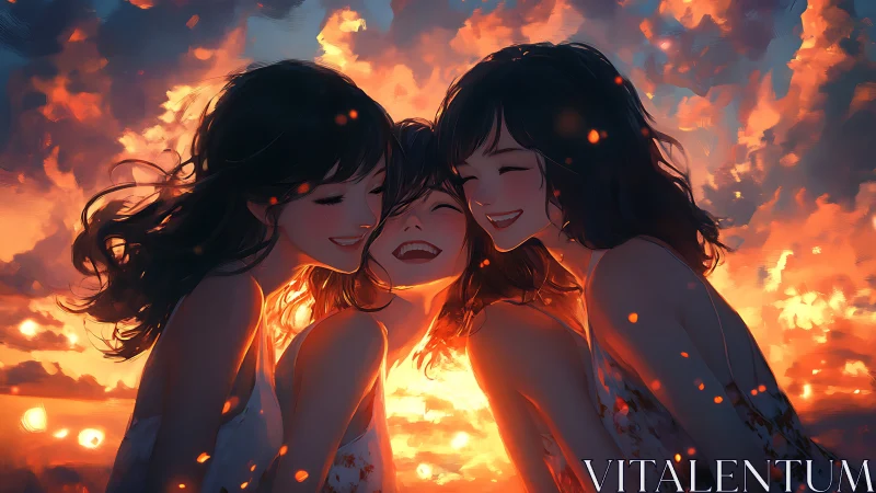 Backlit trio of girls rendered in warm volumetric sunset lighting