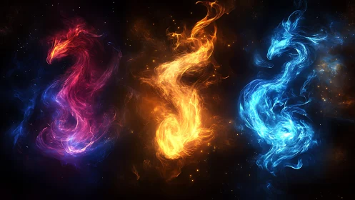 Elemental dragon wisps dancing in prismatic cosmic firestorm.
