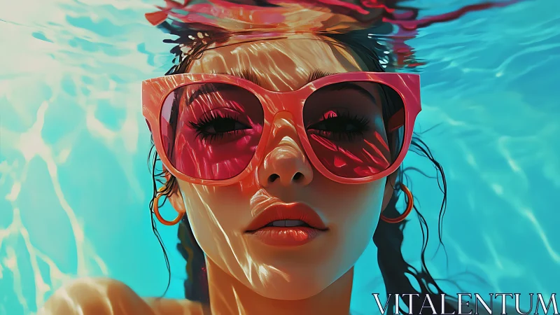 Sunlit pool portrait with reflective pink sunglasses and glow.