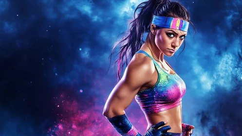 Colorful fitness warrior poised in a bold cosmic glow.