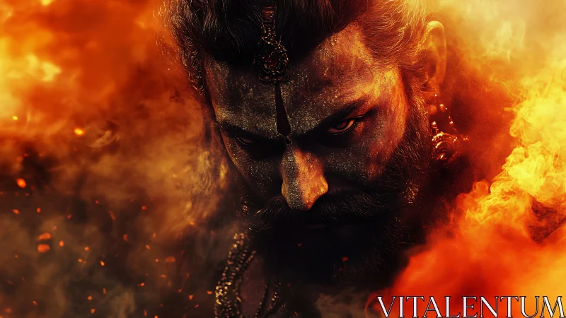 Warrior face emerges from dense flames and drifting smoke