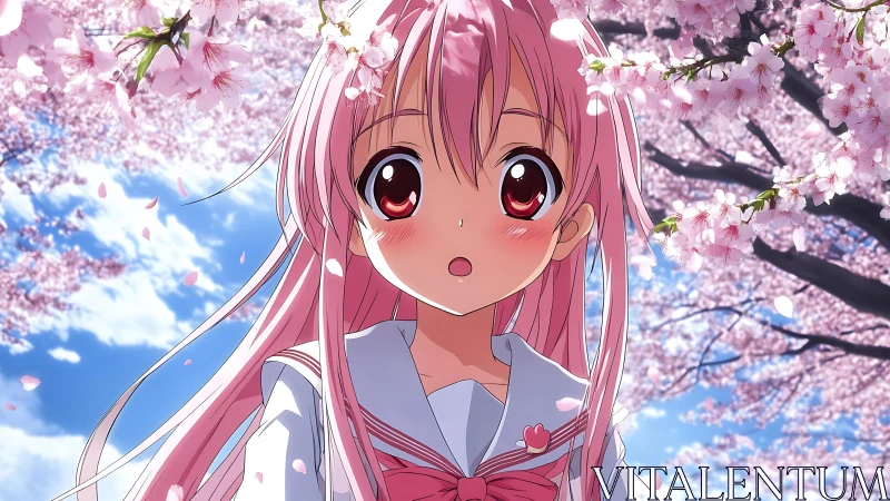 Blossom-kissed anime schoolgirl beneath drifting sakura sky.