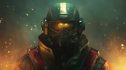 Armored soldier emerges from glowing embers in toxic haze.