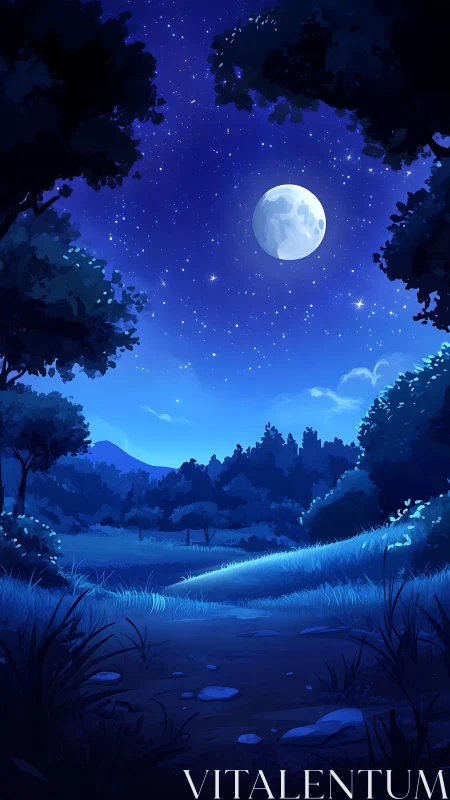 Moonlit forest clearing under deep blue starry sky.