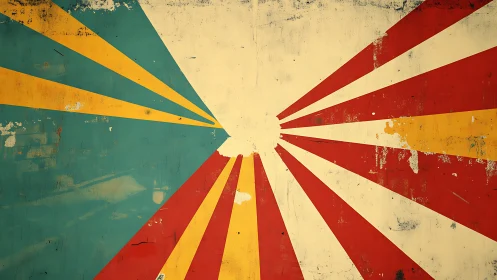 Weathered retro sunburst rays collide in bold color storm.