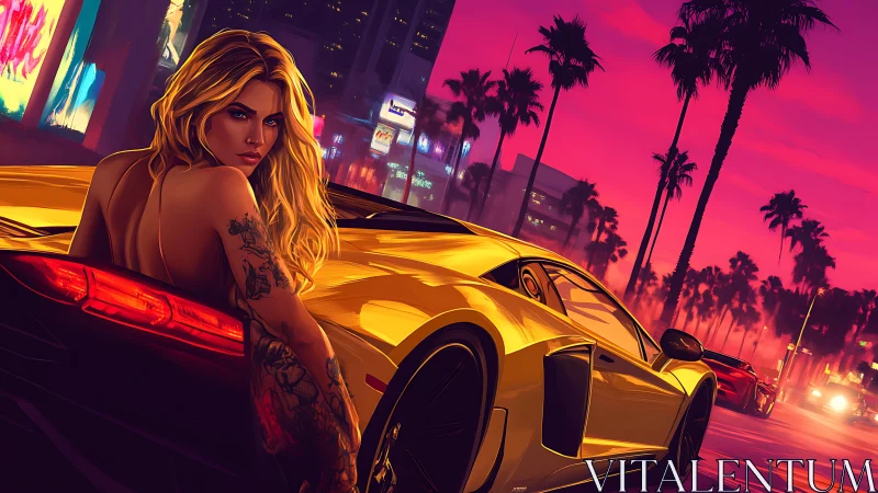 Neon sunset boulevard frames tattooed model and reflective supercar