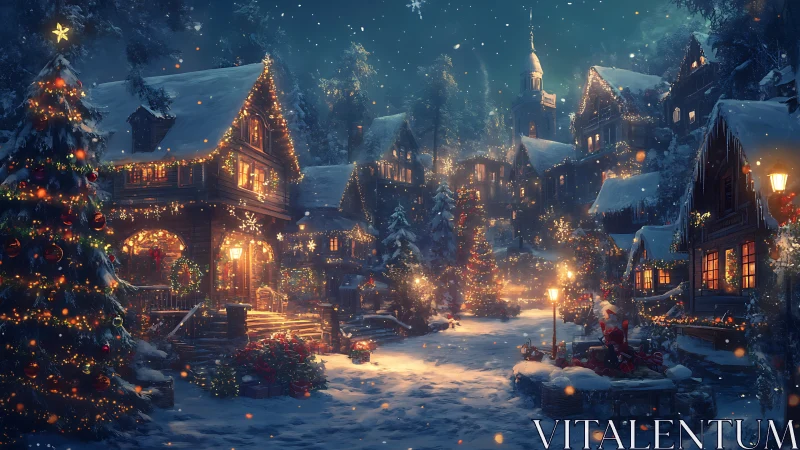 Snowy village street glows with festive Christmas lights.