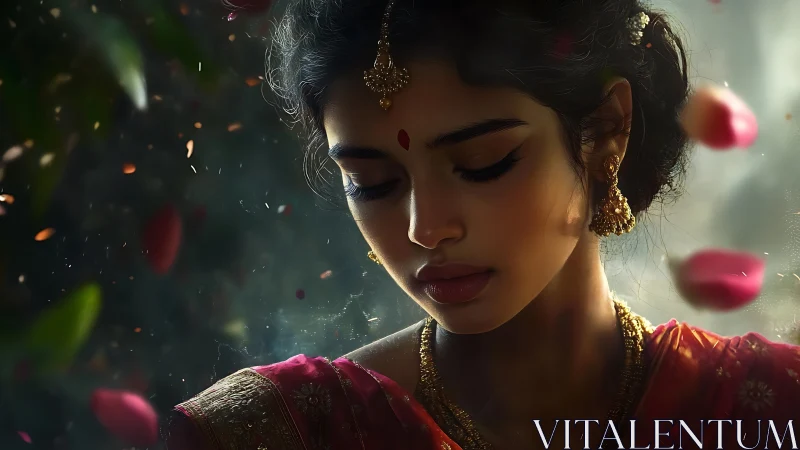 Elegant Indian Woman in Traditional Attire, Dreamlike Portrait Style.