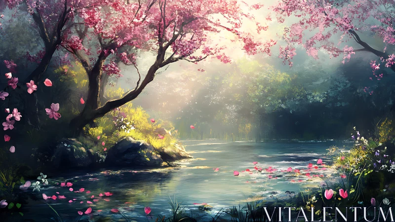 Radiant cherry grove over reflective spring-fed forest pool.