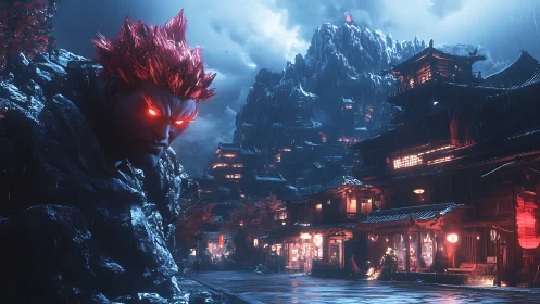 Red eyed warrior overlooking neon lit rainy mountain town.