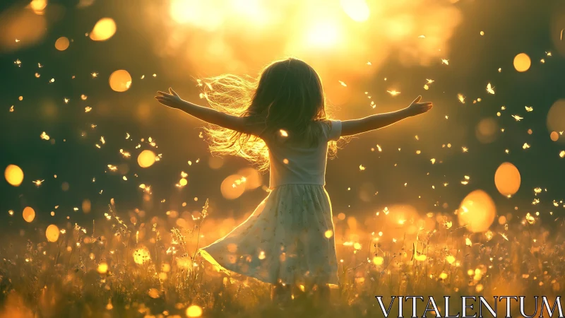 Sunlit meadow child dancing with golden drifting fireflies.