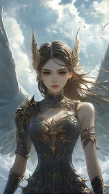 Winged female figure in ornate dark armor against sky.