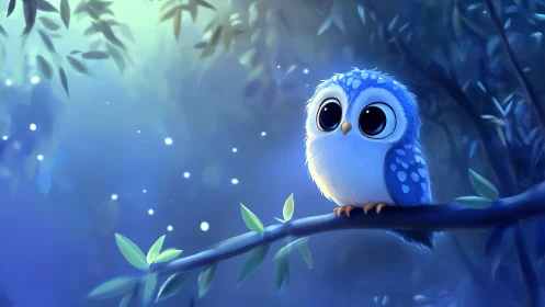 Cute blue cartoon owl on branch in glowing magical forest at night.