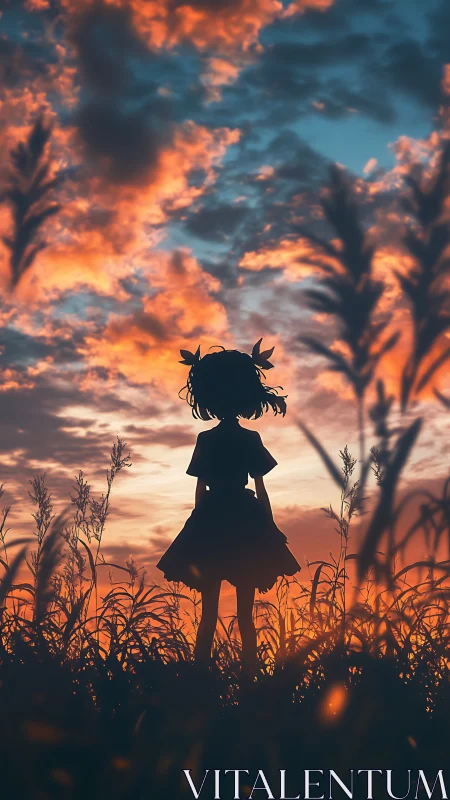 Silhouette girl in field under vivid orange sunset sky.