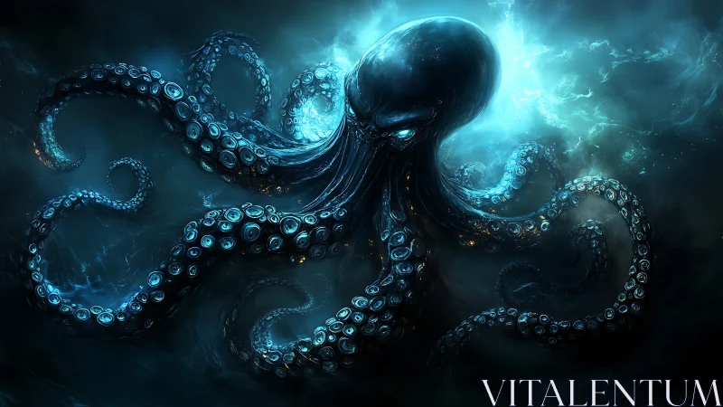 Bioluminescent octopus creature dominates dark ocean scene