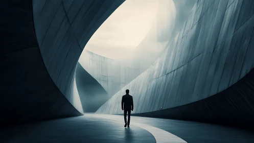 Solitary Figure Walks Through Modern Concrete Archway.