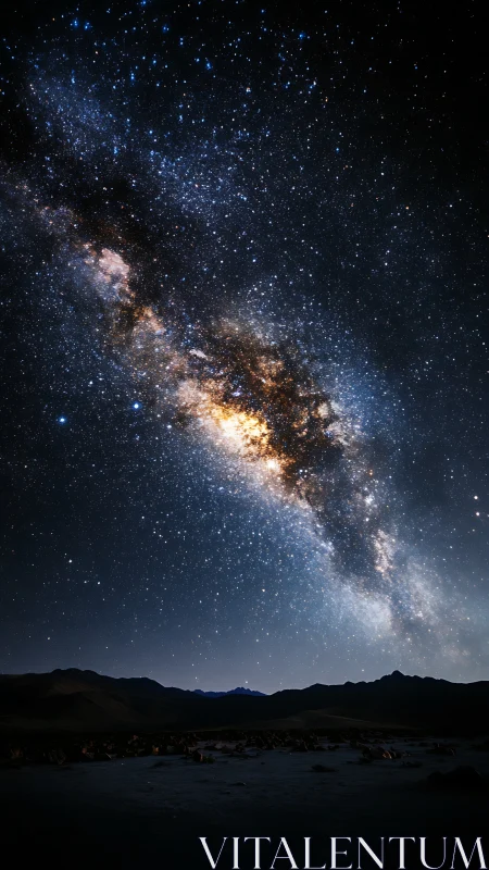 Galactic core band over high-altitude desert horizon at night.