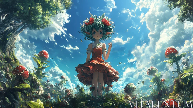 Forest sprite girl amid towering mushrooms and vivid sky.