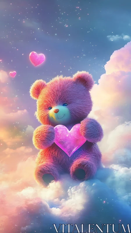 Pink teddy bear holds glowing crystal heart in dreamy sky