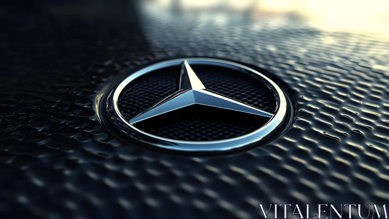 Mercedes-Benz emblem close-up on textured hood, luxury automotive style.