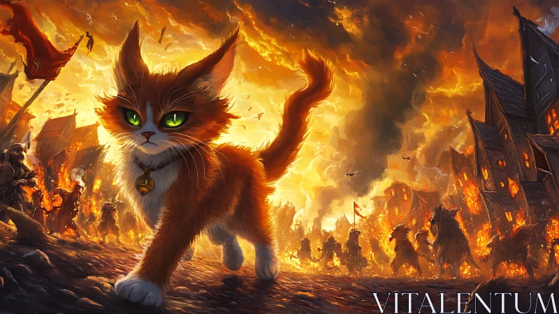 Colossal Cat Guardian Amid Inferno and War.
