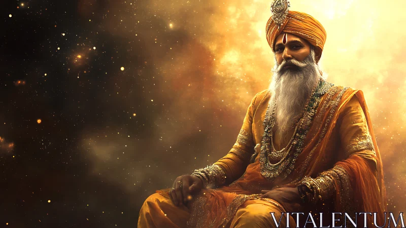 Golden sage in celestial light with timeless quiet strength.