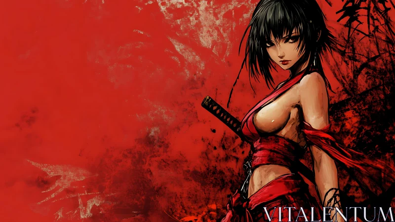 Samurai heroine in red against abstract textured bloodfield