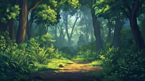 Luminous Forest Path Through Ancient Woodland.