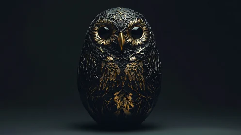 Sculpted metallic owl rendered in moody chiaroscuro lighting